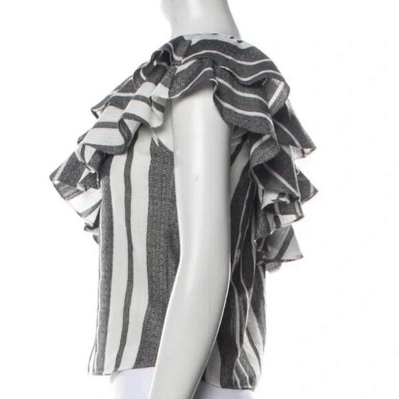 MISA LOS ANGELES TOP GRAY WHITE KLEA STRIPES RUFFLES ONE SHOULDER CHIC Sz S - Picture 7 of 10